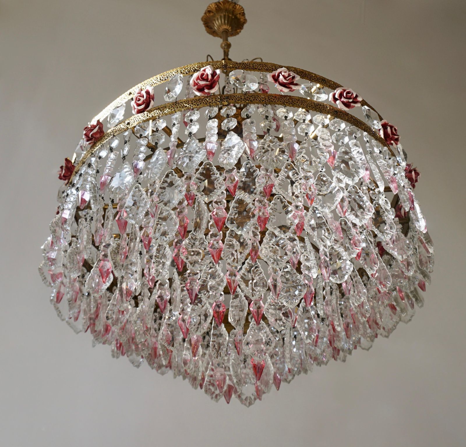 Rare Italian Chandelier With Pink Crystals And Pink Roses photo Lighting