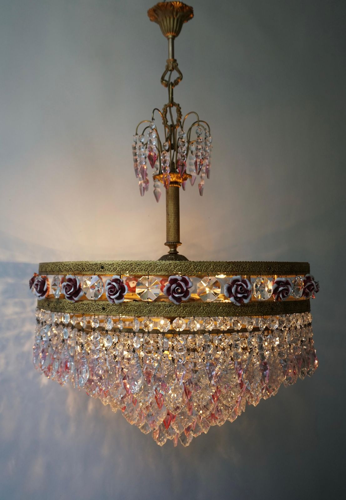 Rare Italian Chandelier With Pink Crystals And Pink Roses photo vinterior
