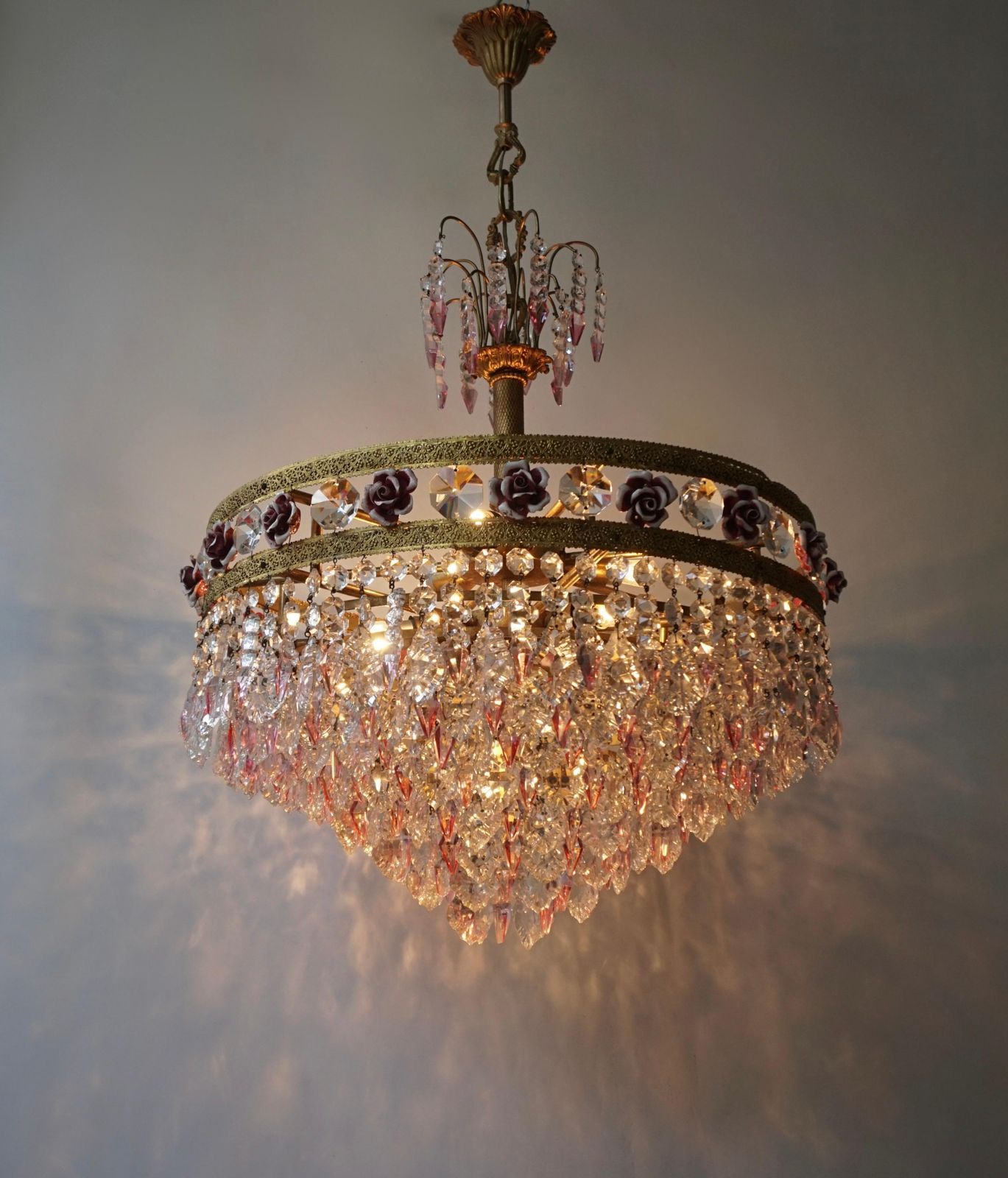 photo furniture Rare Italian Chandelier With Pink Crystals And Pink Roses