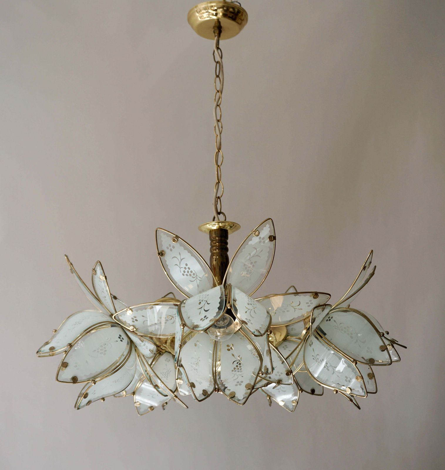 Four Italian Brass Chandeliers With White Murano Glass Lotus Flowers photo Lighting
