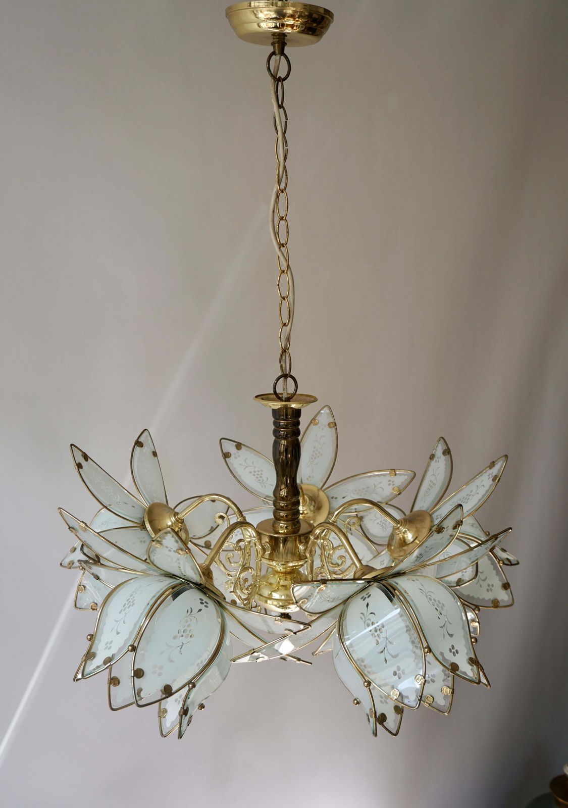 Four Italian Brass Chandeliers With White Murano Glass Lotus Flowers photo vintage