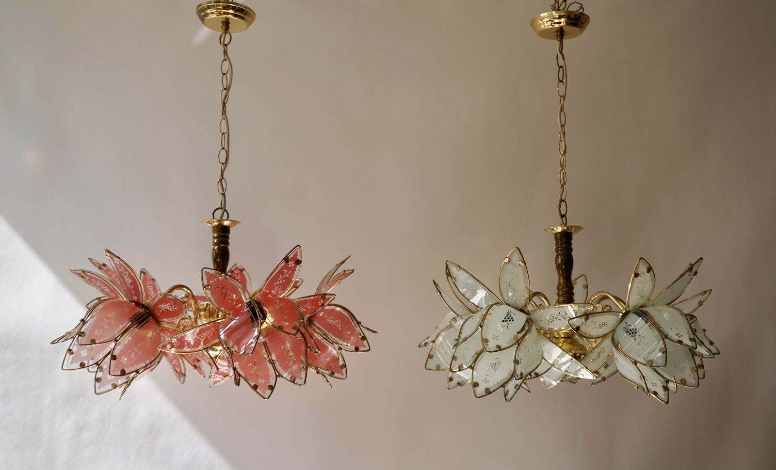 photo furniture Four Italian Brass Chandeliers With White Murano Glass Lotus Flowers