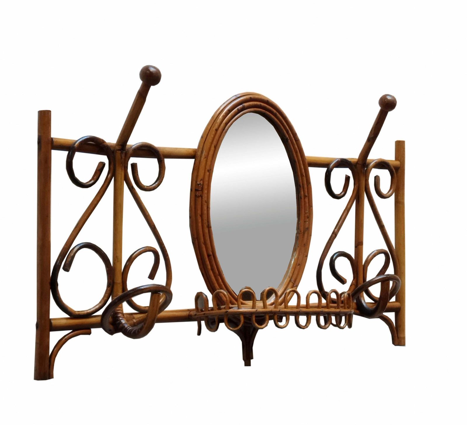 Rattan And Bamboo Wall Coat Rack With Mirror And Shelf, Italy, 1960s photo furniture