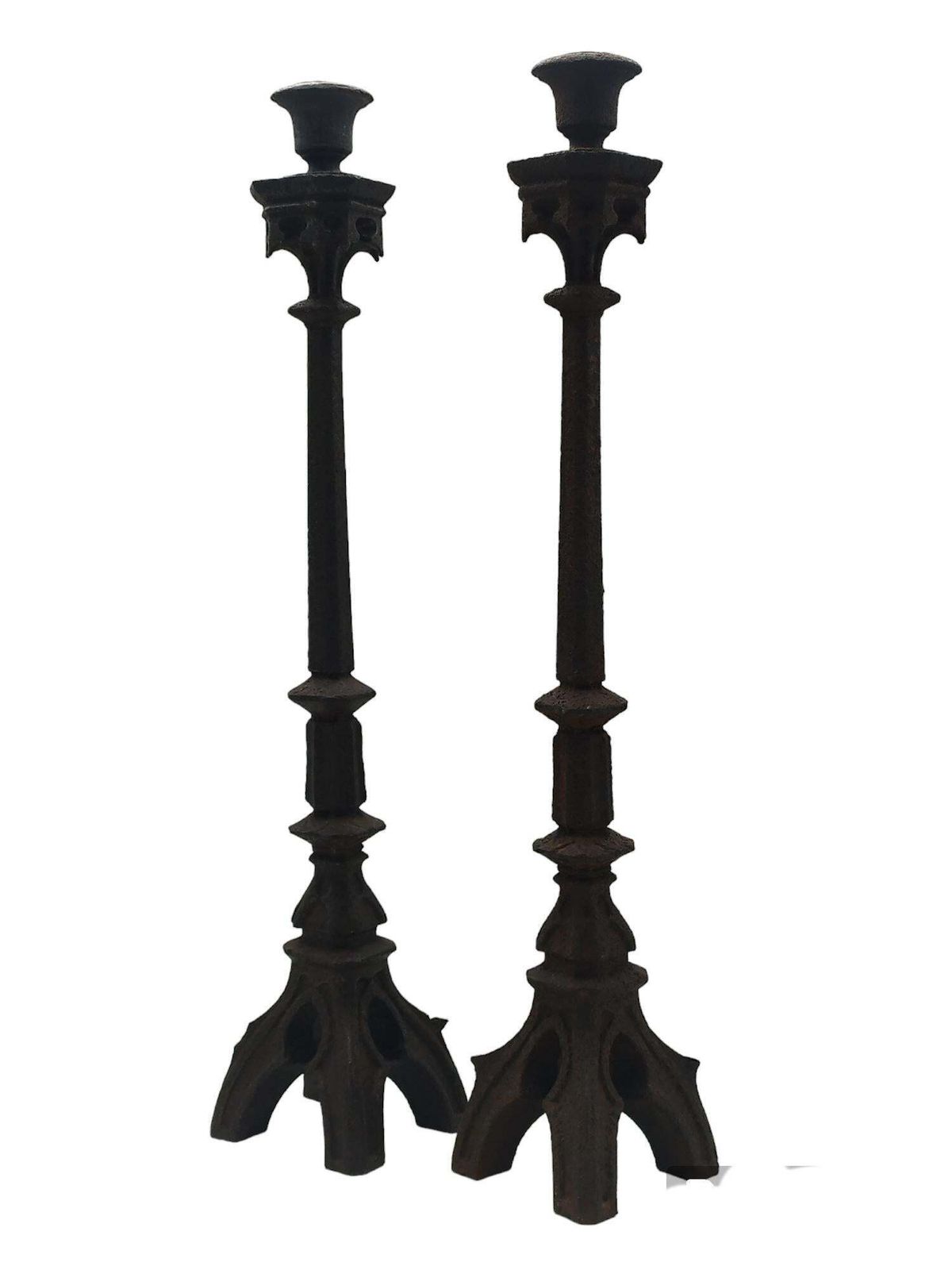 Pair Of Neo Gothic Iron Altar Candlesticks, Italy, 19th Century photo for sale