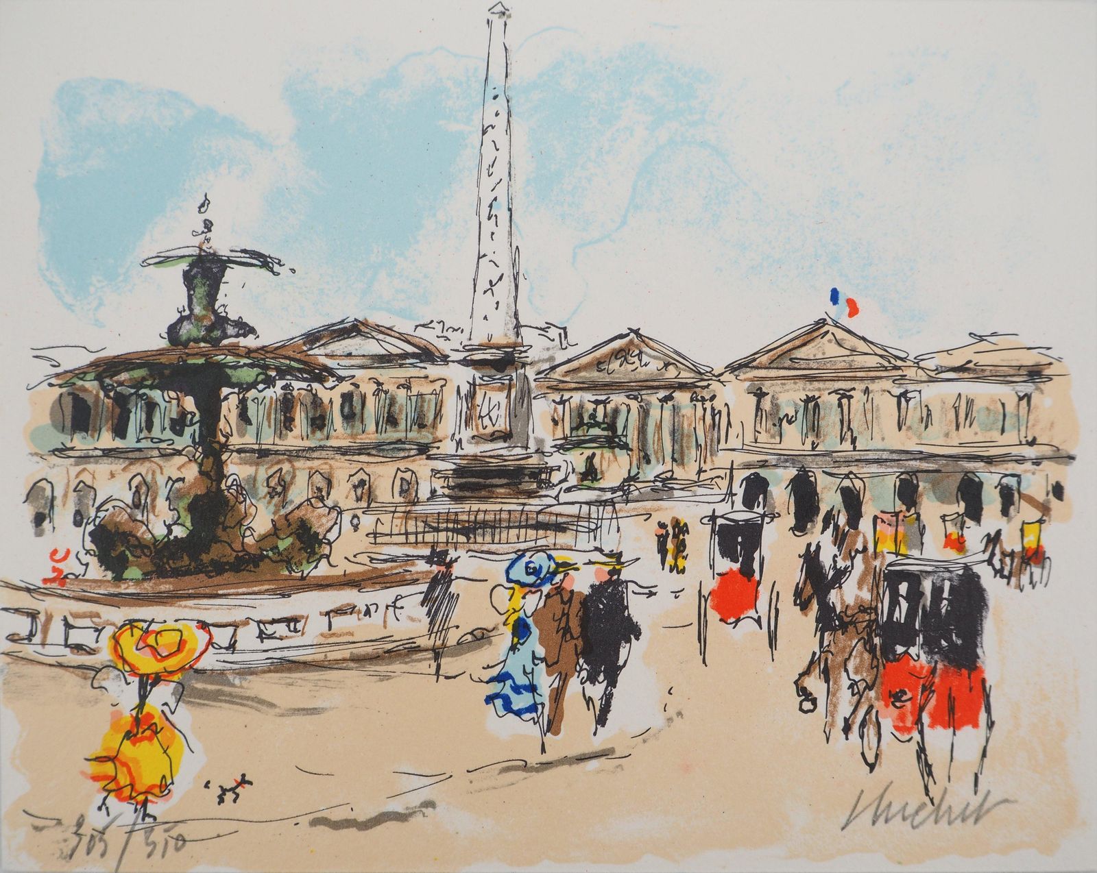 Urbain Huchetparis : Obelisk At Champs Elysees   Original Lithograph Handsigned And Numbered1980