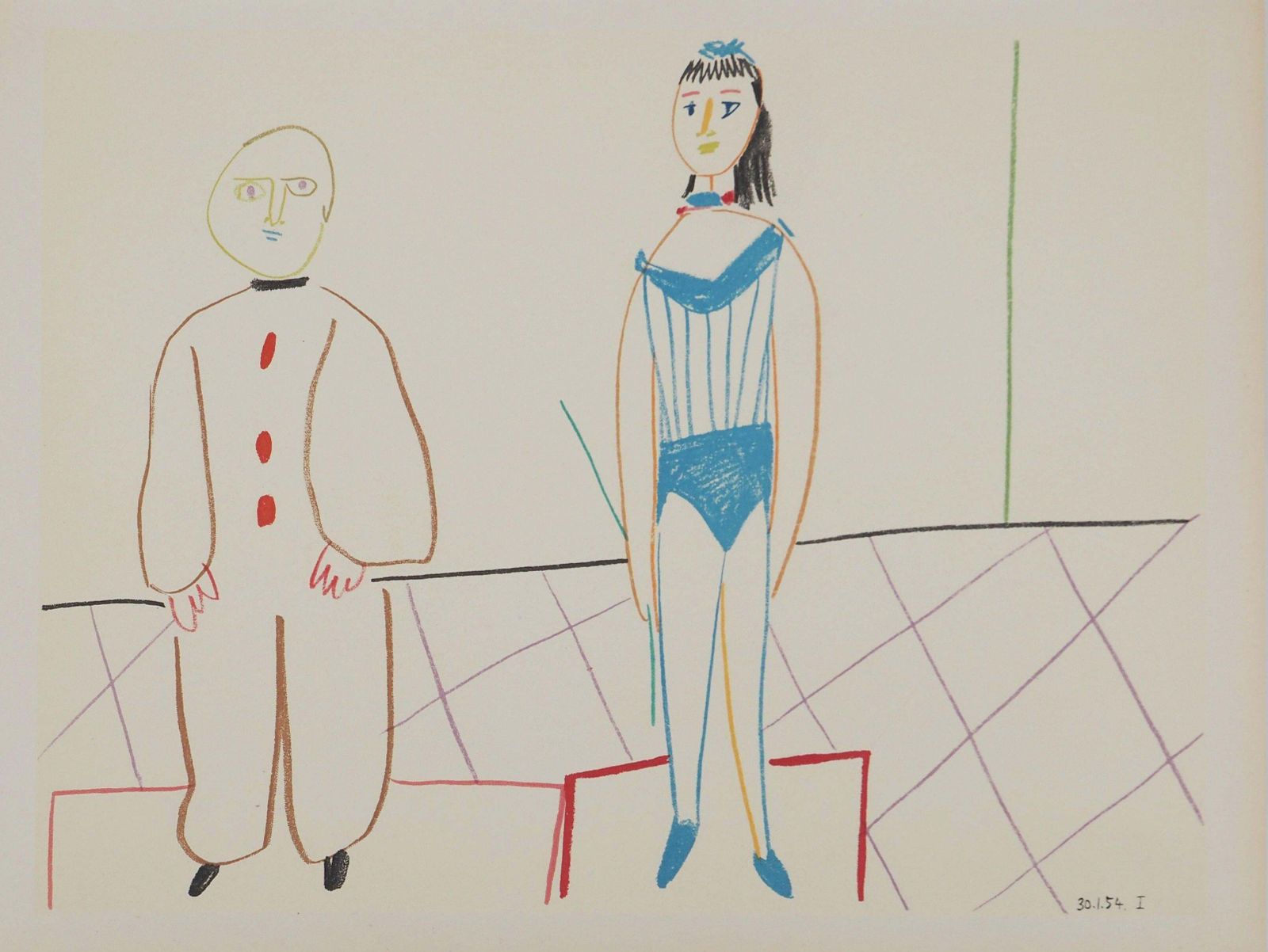 Pablo Picassocomédie Humaine : Circus Clown And Ballerina   Original Lithograph (Mourlot)1954