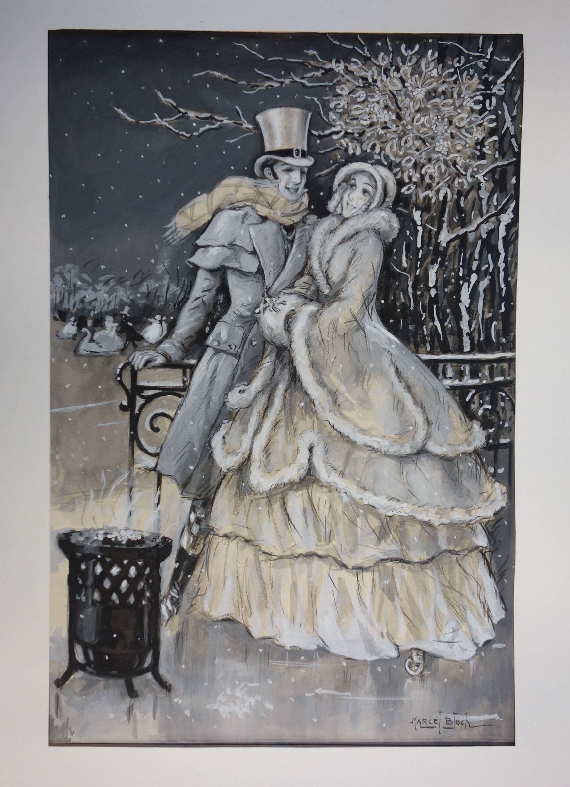 Marcel Blochelegant Lovers At The Rink   Original Handsigned Watercolor   19301930