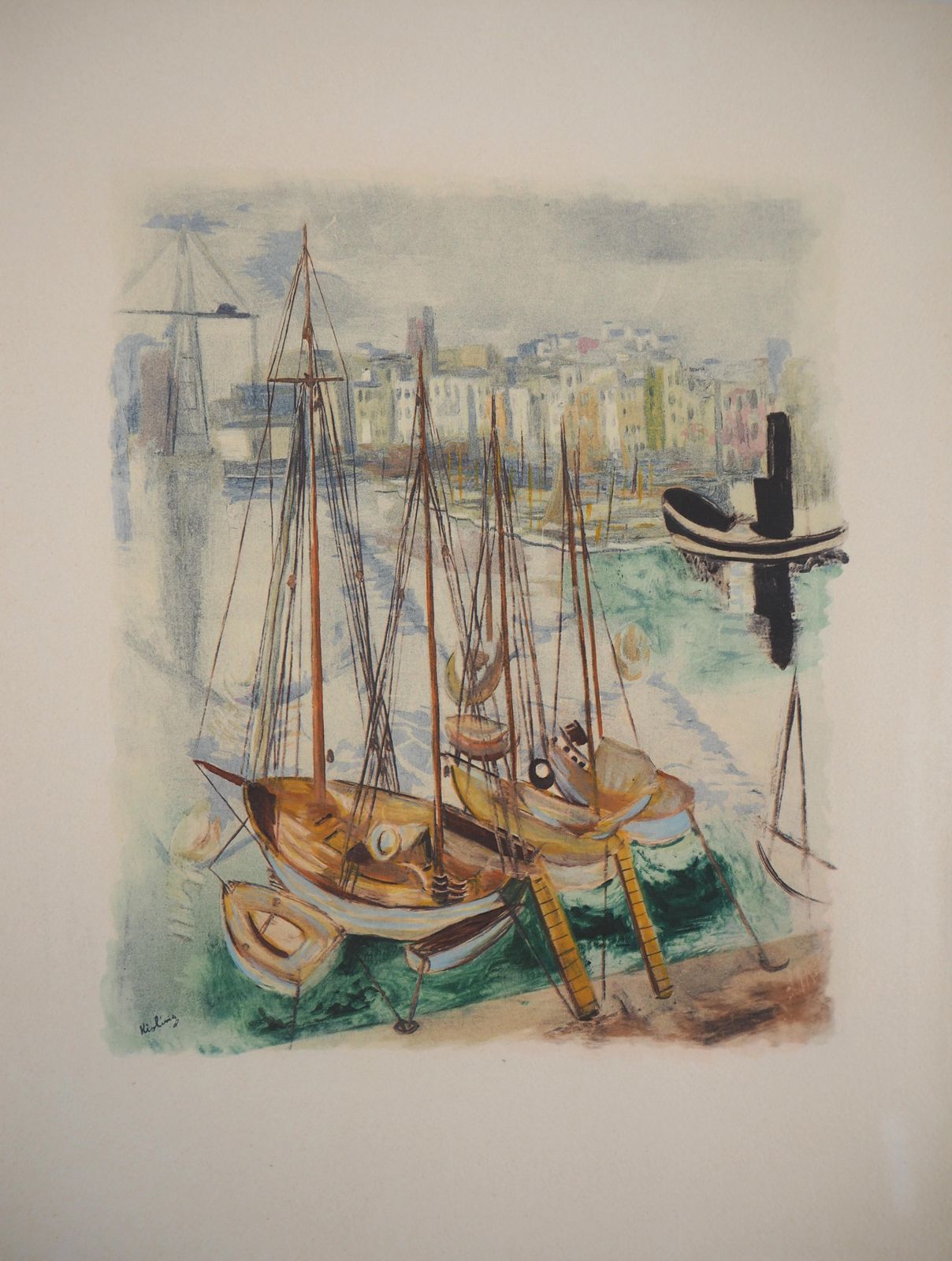 Moise Kislingsailing Boats In French Harbour   Original Lithograph