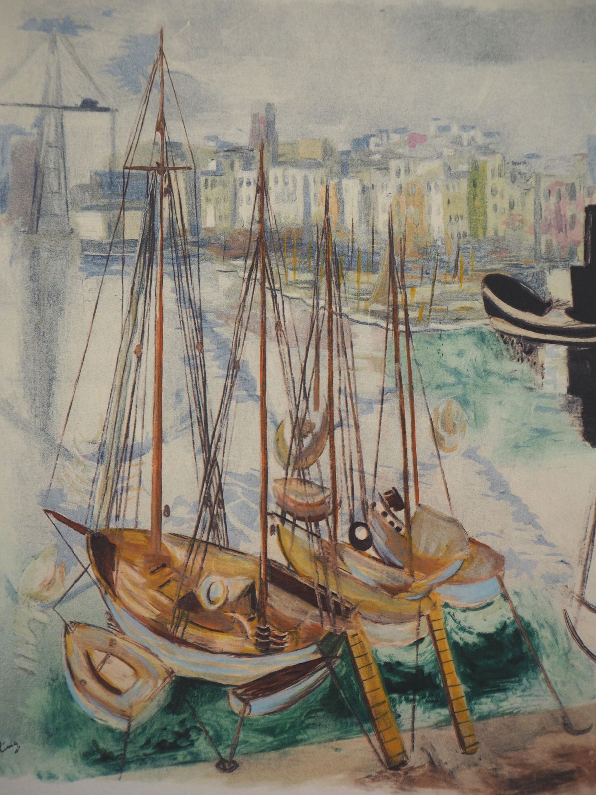 Moise Kislingsailing Boats In French Harbour   Original Lithograph photo furniture