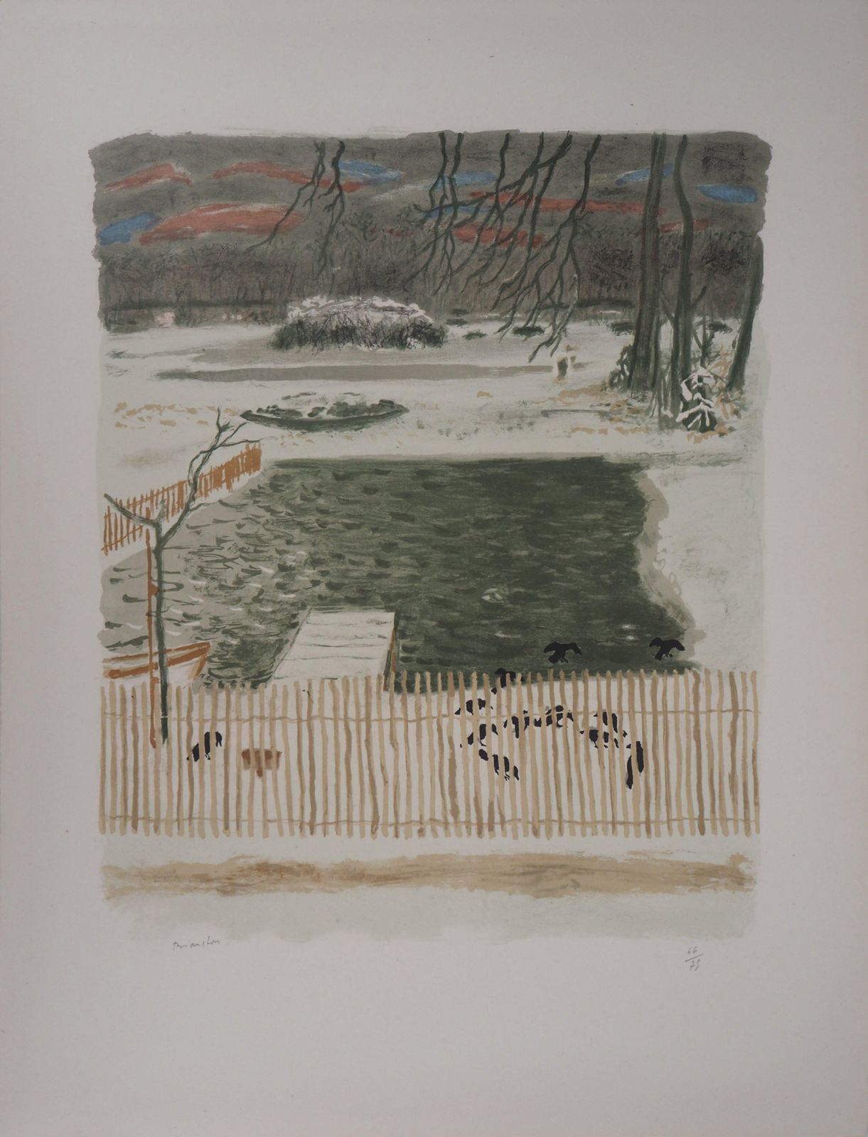 Maurice Brianchonthe Pond In Winter With Ravens   Original Lithograph, Handsigned1956 photo for sale