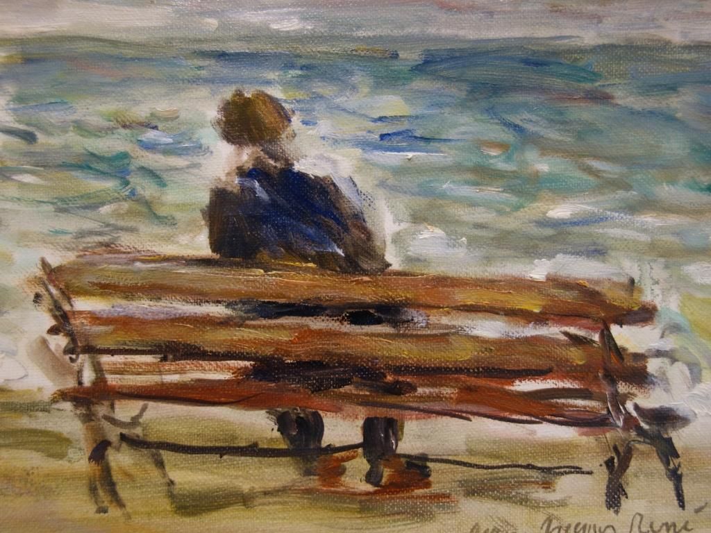 Jean Jacques Renenormandy : On A Bench In Etretat   Original Oil On Canvas Hansigned photo for sale