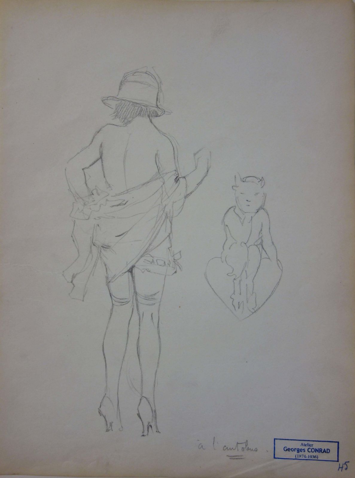 Georges Conradnaked Woman Facing A Little Devil   Pencil Drawing   Circa 1914