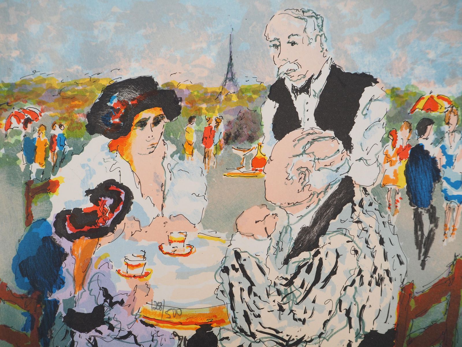 Urbain Huchetparis : Terrace Of A Café And Eiffel Tower   Original Lithograph Handsigned 1970 photo for sale
