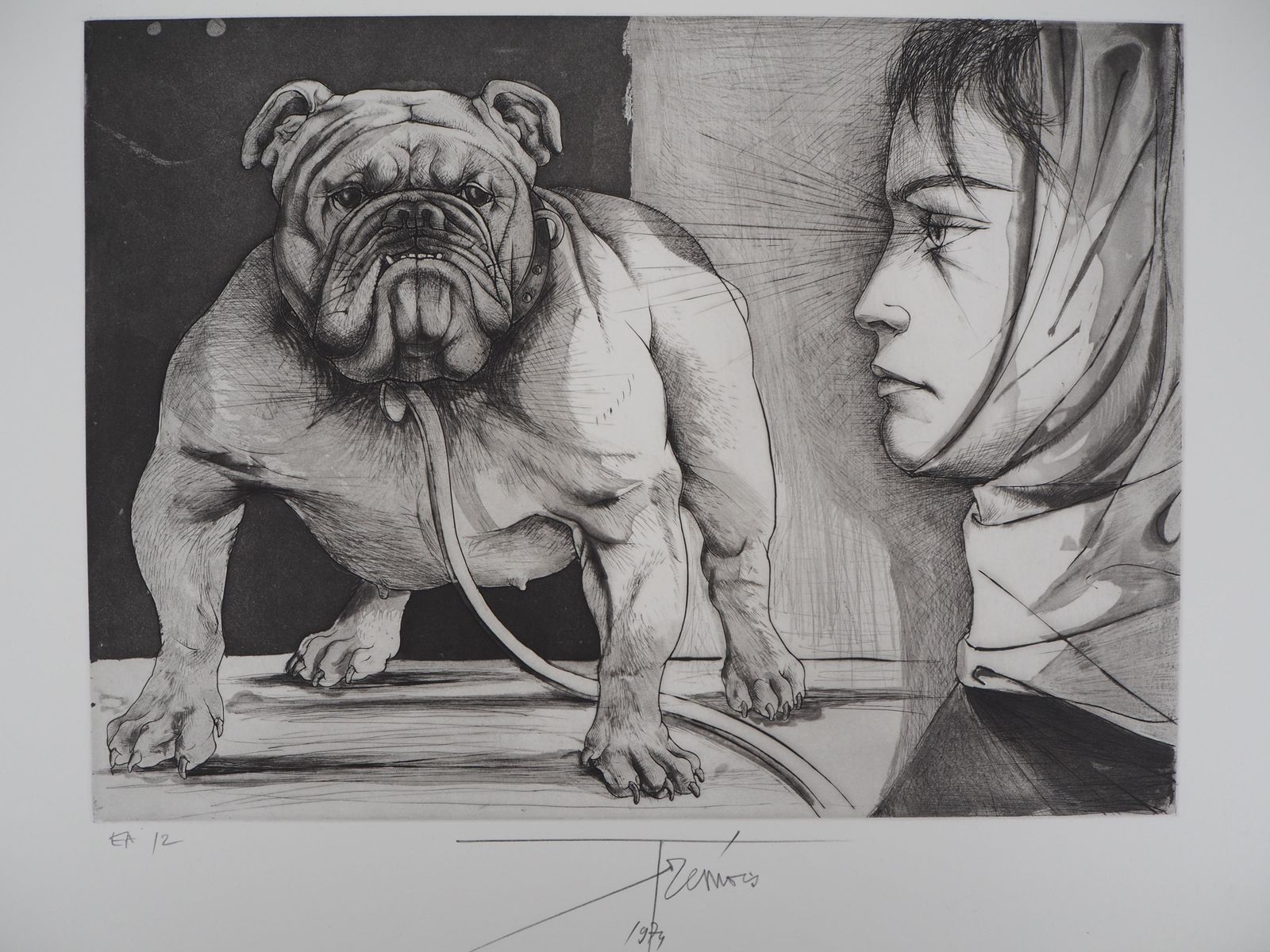 Pierre Yves Trémoisbulldog And Woman   Original  Handsigned Etching1974 photo for sale