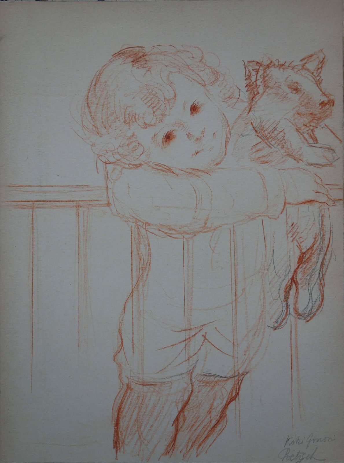 Gustave Poetzschyoung Boy With Pig Stuffed Toy   Original Signed Charcoal Drawing