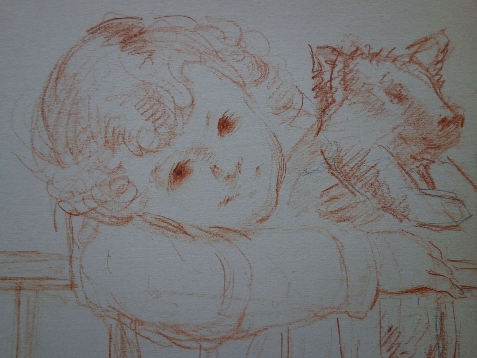 Gustave Poetzschyoung Boy With Pig Stuffed Toy   Original Signed Charcoal Drawing photo Art