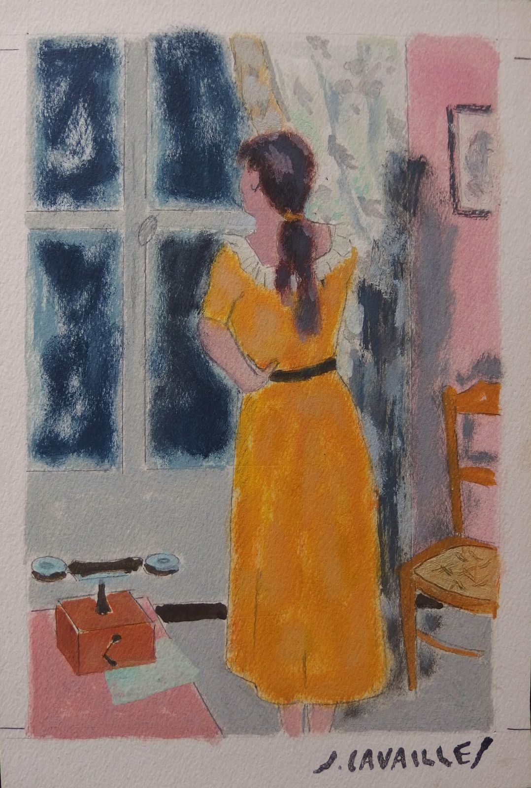 Jules Cavailleswoman Looking At The Window   Original Painting, Handsigned