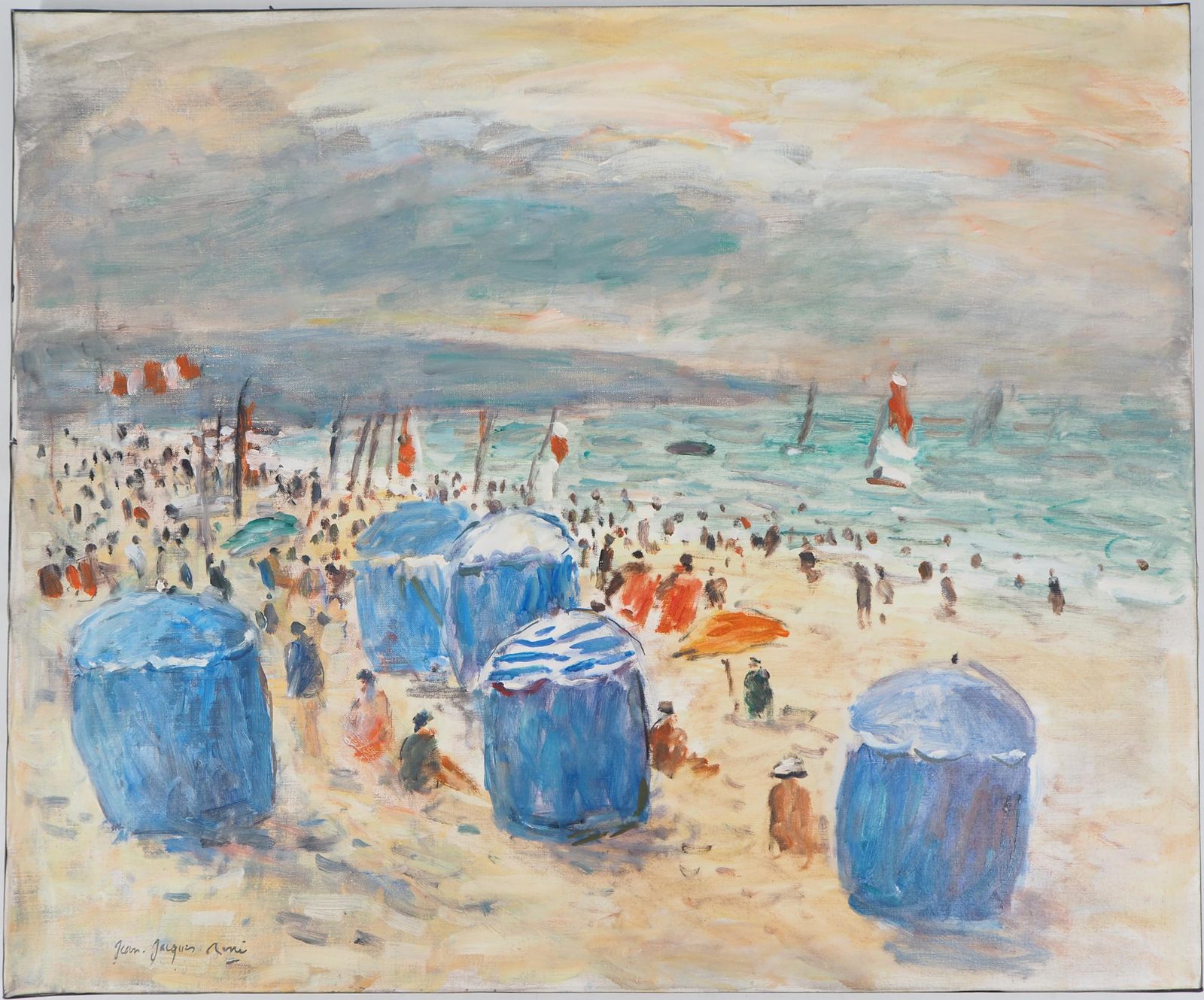 Jean Jacques Reneseascape : Animated Beach In Normandy   Oil On Canvas Hansigned