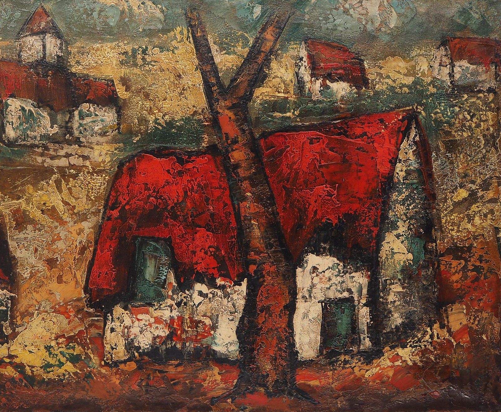 Henri D'antybrittany : Small Traditional Village   Original Oil On Canvas, Handsigned photo Art