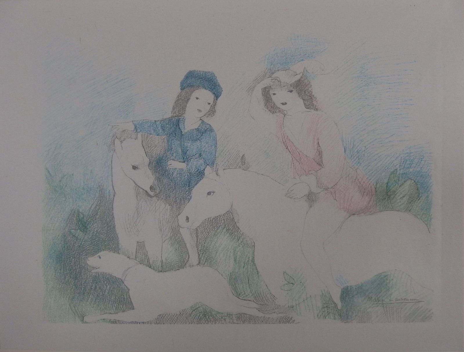 Marie Laurencintwo Girls With Horses And Dog   Signed Stone Lithograph   19281928