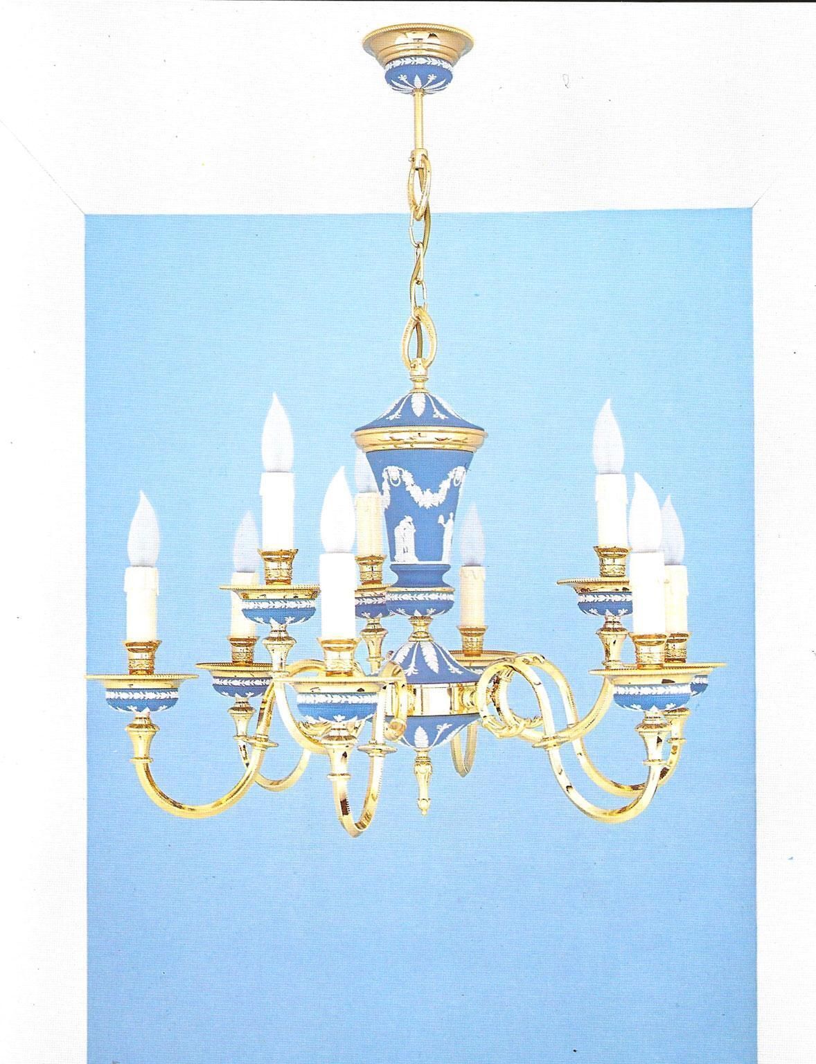 Italy 1970 Hollywood Regency Style Blue Porcelain And Brass Chandelier 9 Lights photo for sale