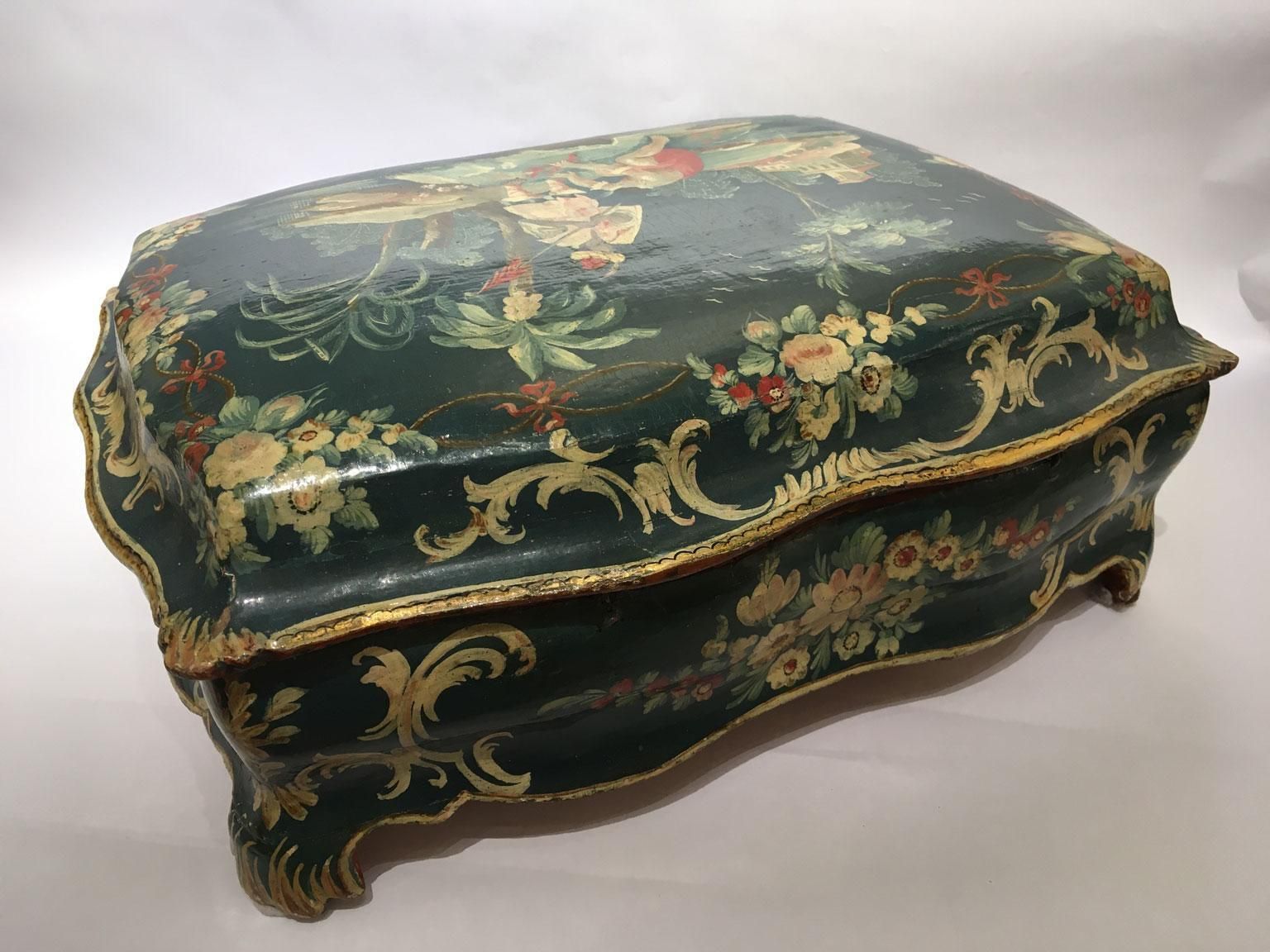 Home Decor 1750 Venezia Italy Blue Lacquered Wooden Box With Flowers And Figures photo