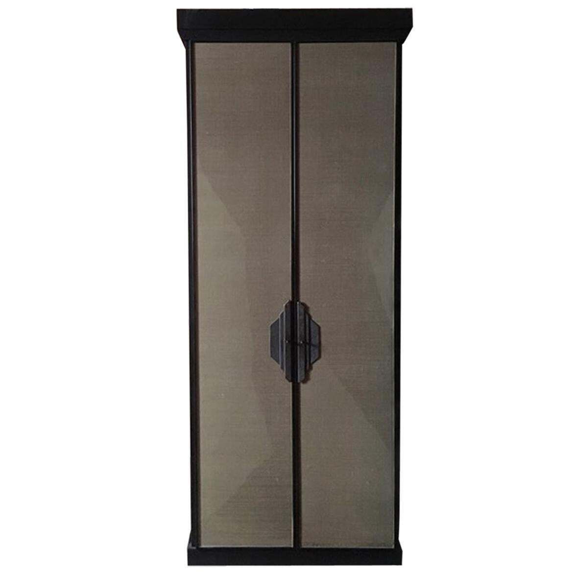 Italy Post Modern Dark Oak Wood Cabinet With Raffia Panels And Bronze Handles