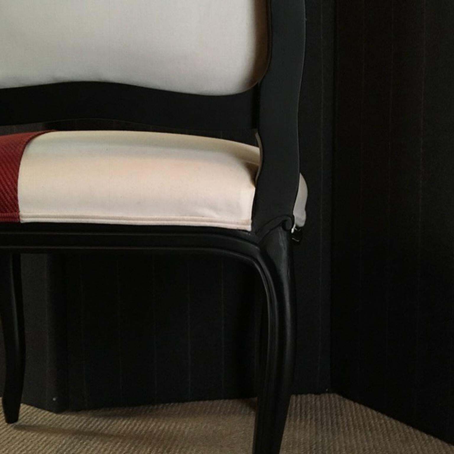 1402.0 French Provincial Lacquered Black Wood Dining Chair Upholstered Red And White photo