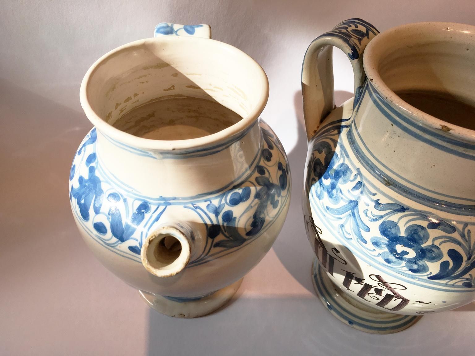photo for sale Italy Mid 18th Century Pair Of Ceramic Carafes In White And Blue For Pharmacy