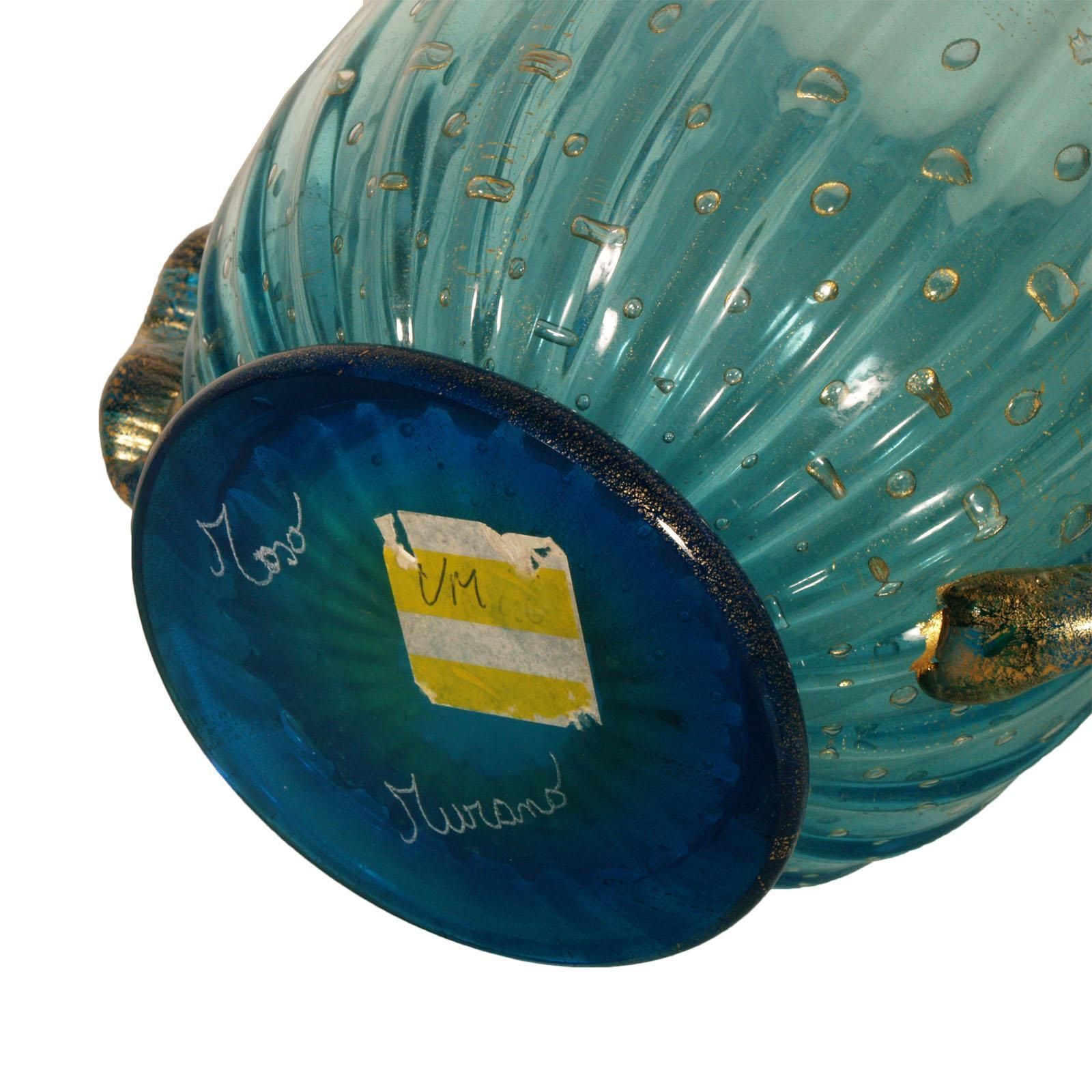 Art Deco Murano Glass Vase Signed Toso, Color Blue Transparent, Gold Leaf Dipped photo 1946.8