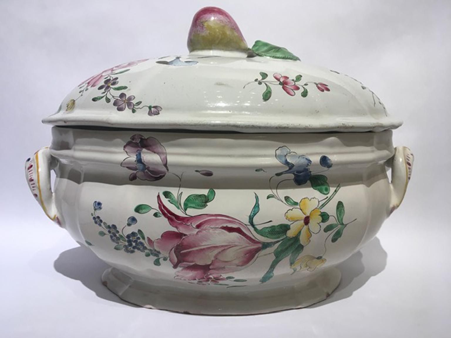 France Mid 18th Century Porcelain Soup Bowl Flowers And Fruits Drawings photo for sale