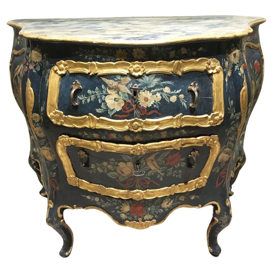 1750 Venezia Italy Wooden Green Lacquered Commode With Fantasy Birds And Flowers