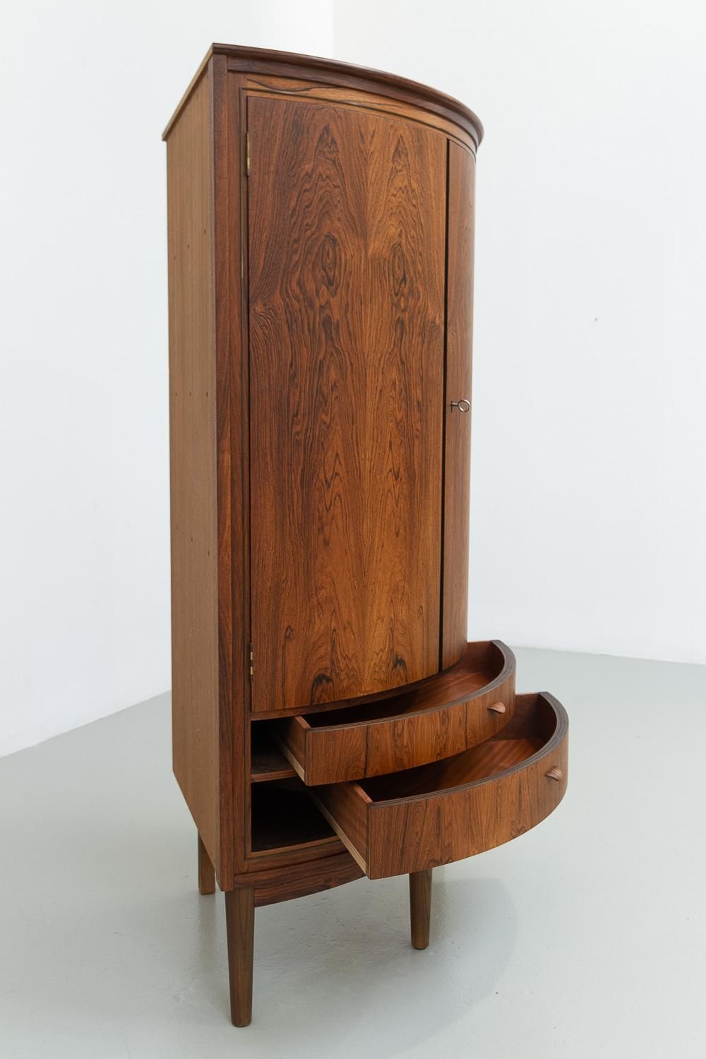 photo for sale Danish Mid Century Modern Rosewood Bow Front Corner Cabinet, 1950s.