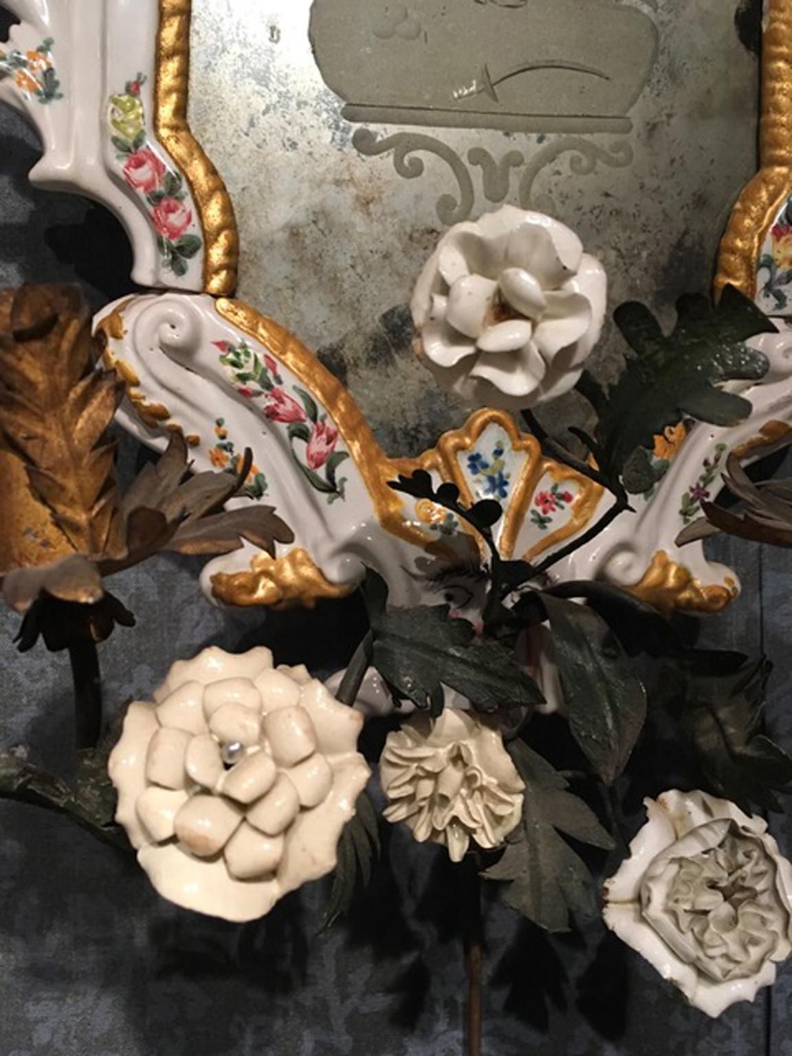 photo for sale 19th Century  Pair Italian White Porcelain Baroque Mirrors With Flowers