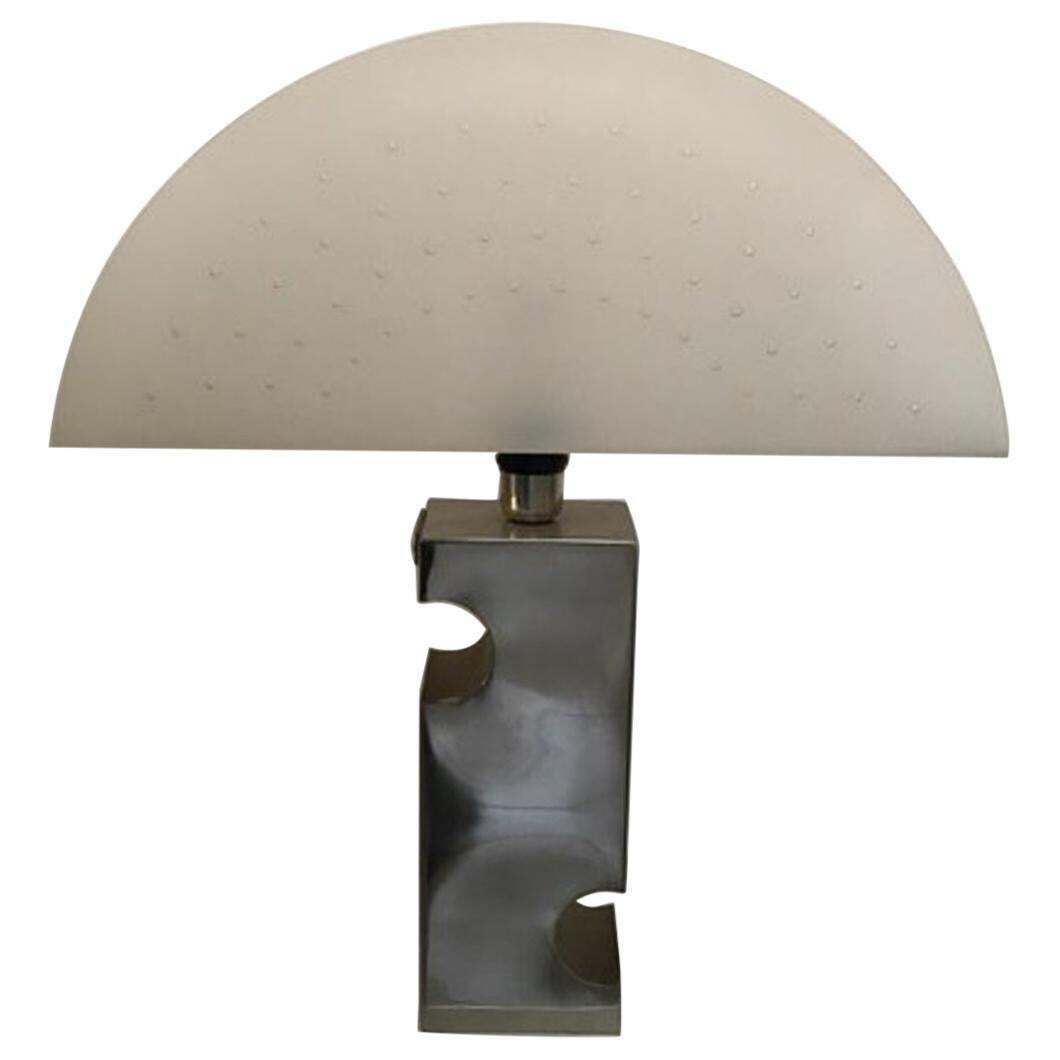 Italy 1970 Duoble Faced Inox Steel And Plexiglass Table Lamp
