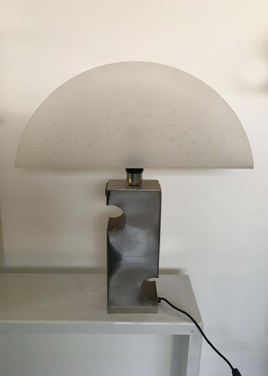 Italy 1970 Duoble Faced Inox Steel And Plexiglass Table Lamp photo furniture