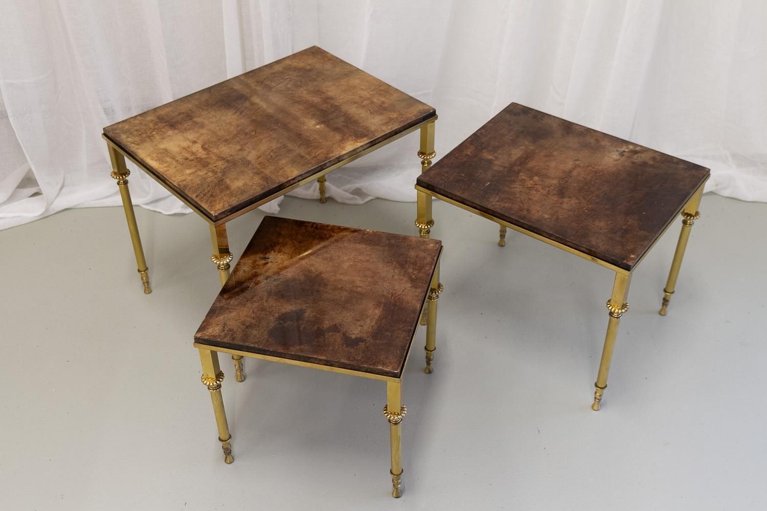 Mid Century Italian Brass And Goatskin Side Tables By Aldo Tura, 1960s. Set Of 3 photo 1572.0