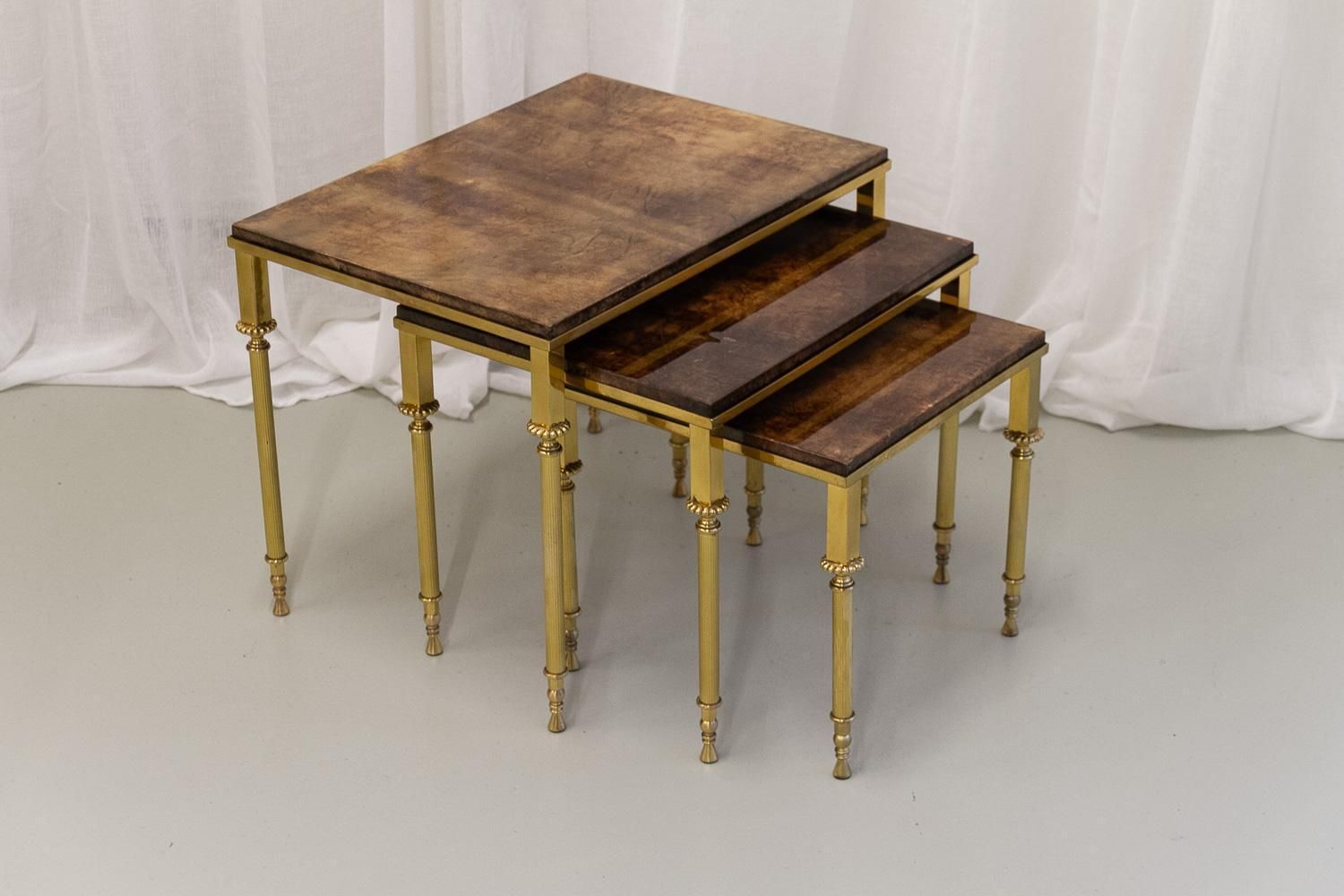 photo buy Mid Century Italian Brass And Goatskin Side Tables By Aldo Tura, 1960s. Set Of 3