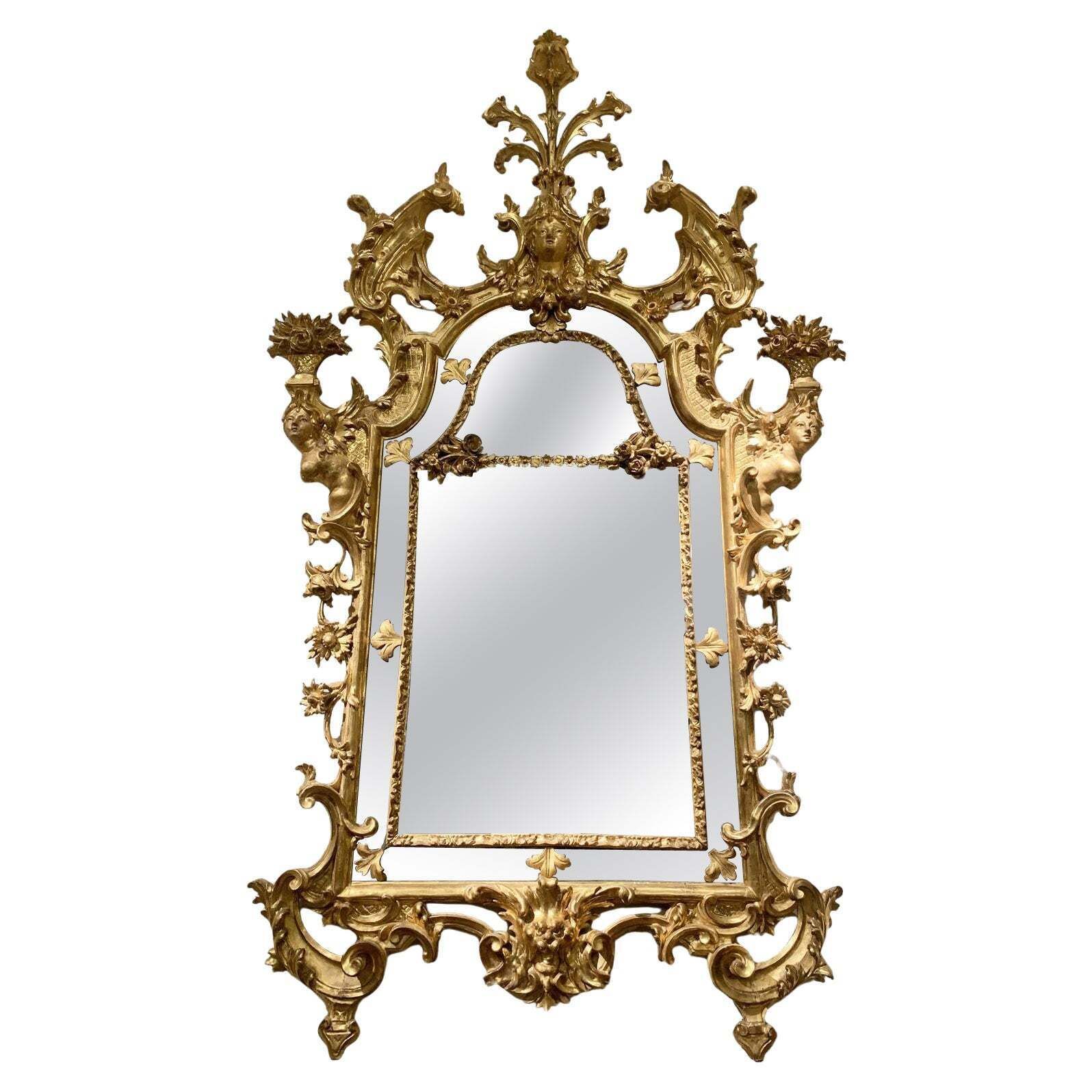 Italy Early 18th Century Barocco Giltwood And Carved Fireplace Mirror