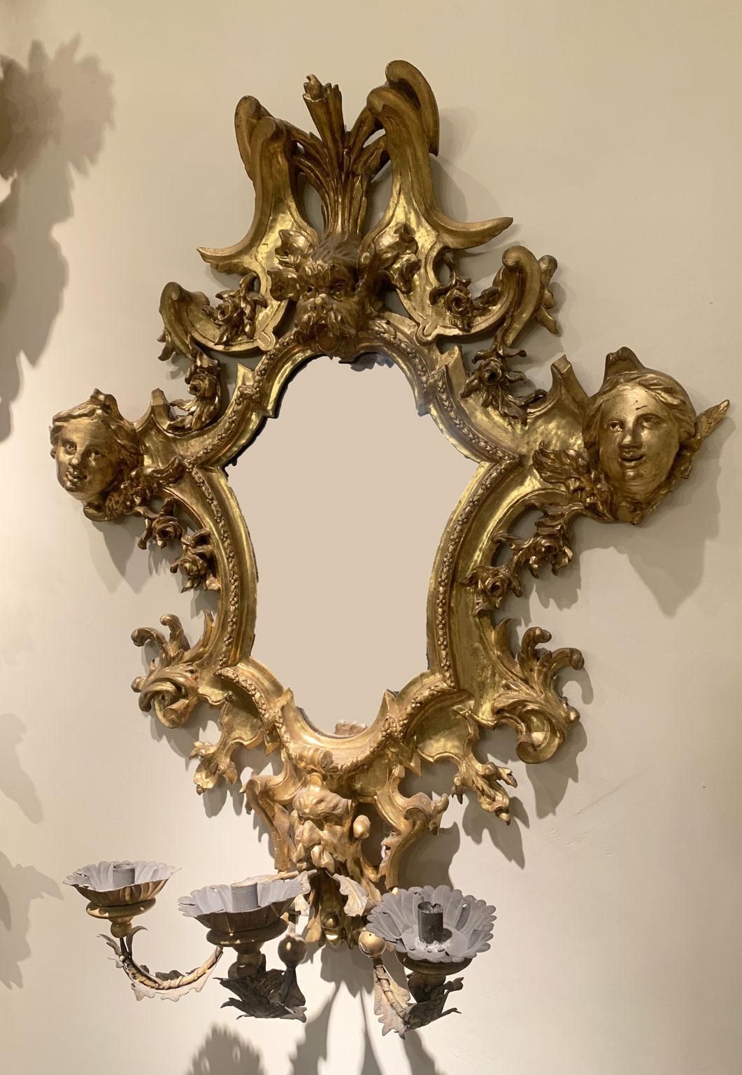 Early 18th Century Italy Pair Of Engraved Gilded Wall Mirrors 3 Candles Holder photo for sale