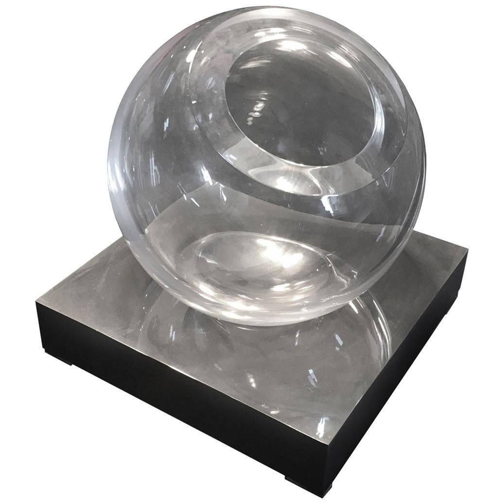 Italy Round Blown Clear Glass And Brass Vase In Chrome Finish