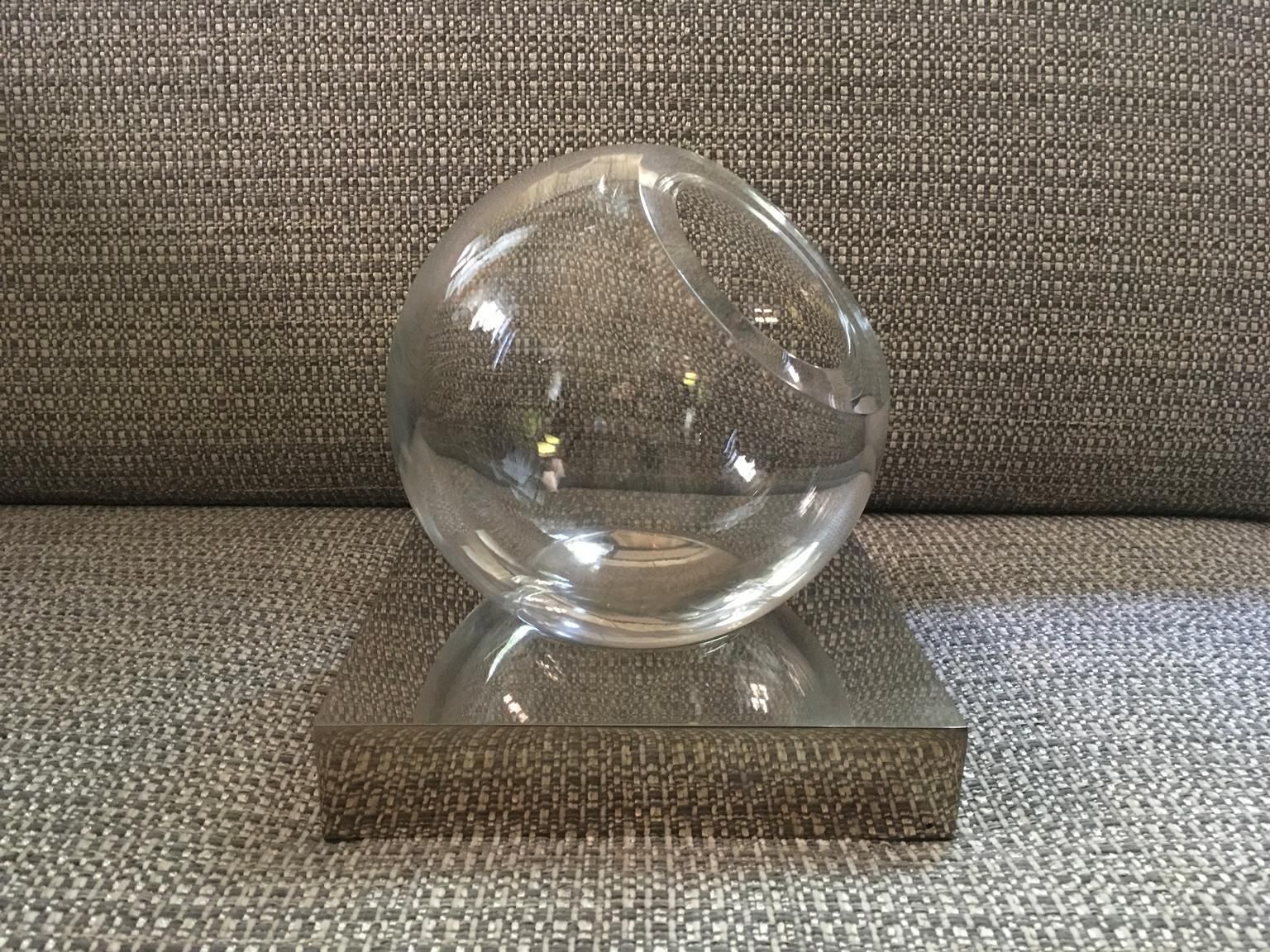 Italy Round Blown Clear Glass And Brass Vase In Chrome Finish photo vintage