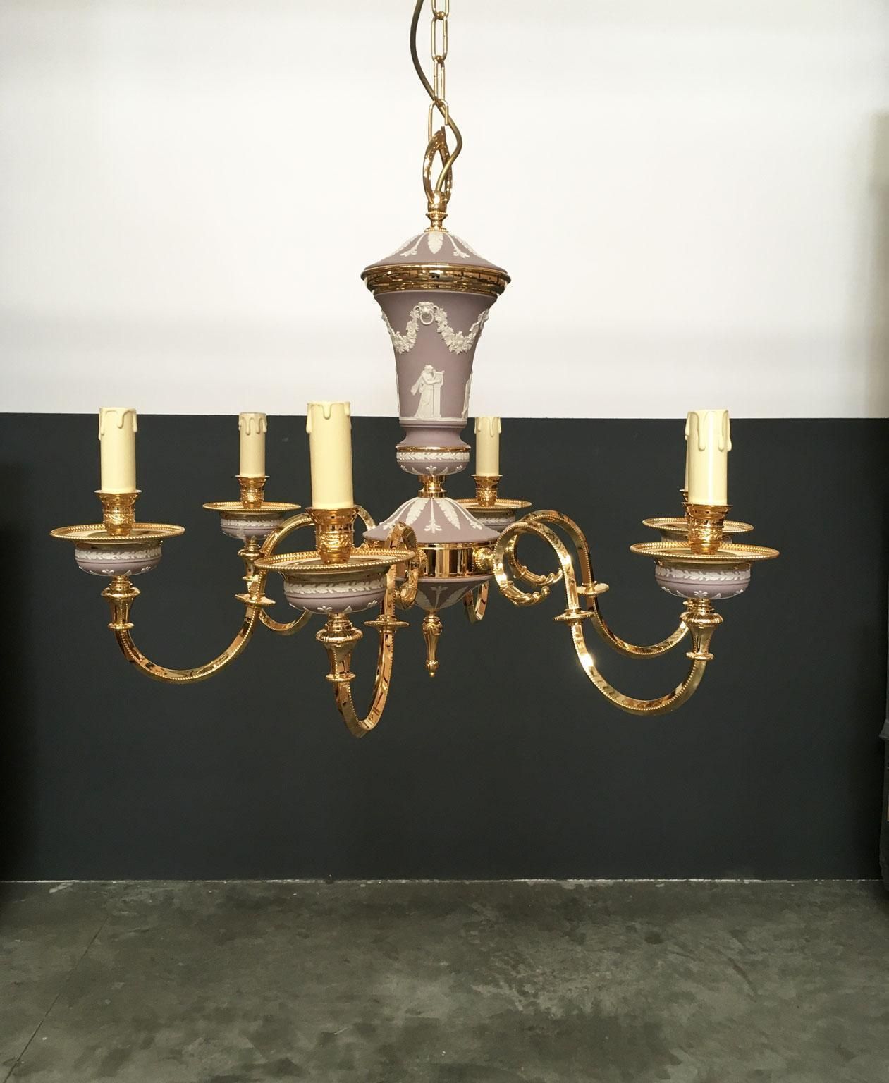 1970 Italy Lilac Brass And Porcelain Chandelier Hollywood Regency Style 6 Lights photo for sale