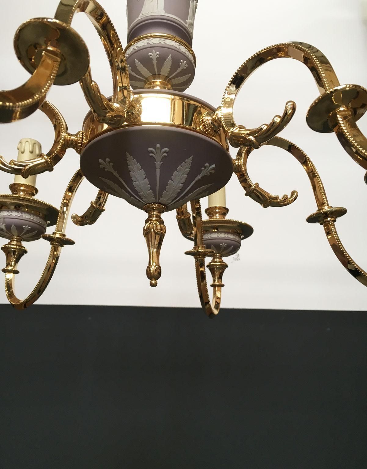 1970 Italy Lilac Brass And Porcelain Chandelier Hollywood Regency Style 6 Lights photo vinterior