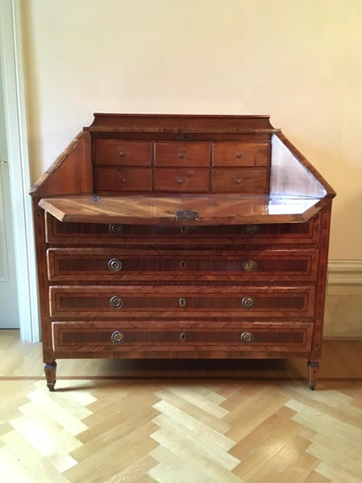 photo furniture 18th Century Pair Of Italian Inlaid Walnut Chests Of Drawers With Secretaire