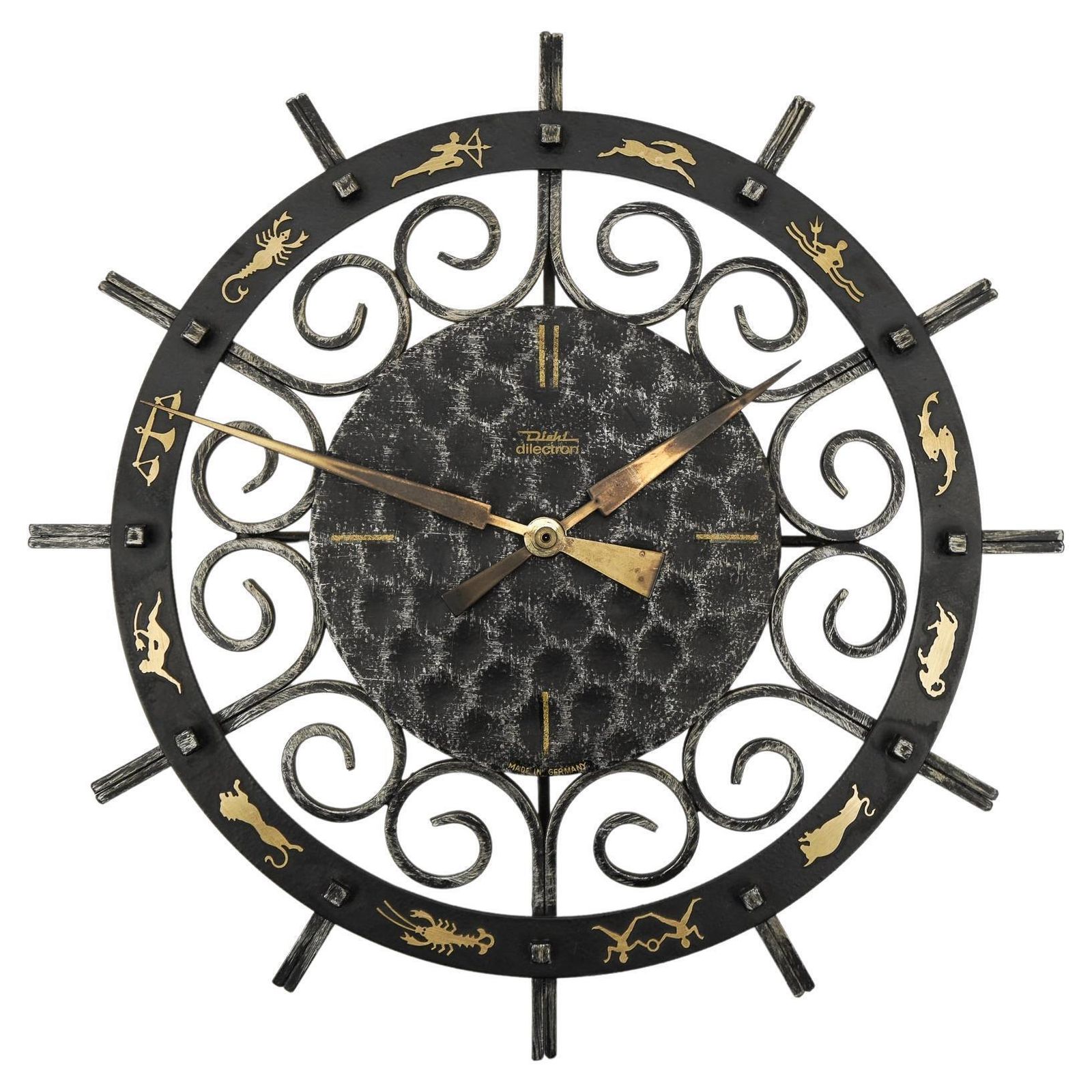 Mid Century Modern Iron And Brass Zodiac Wall Clock By Diehl Electric, 1960s