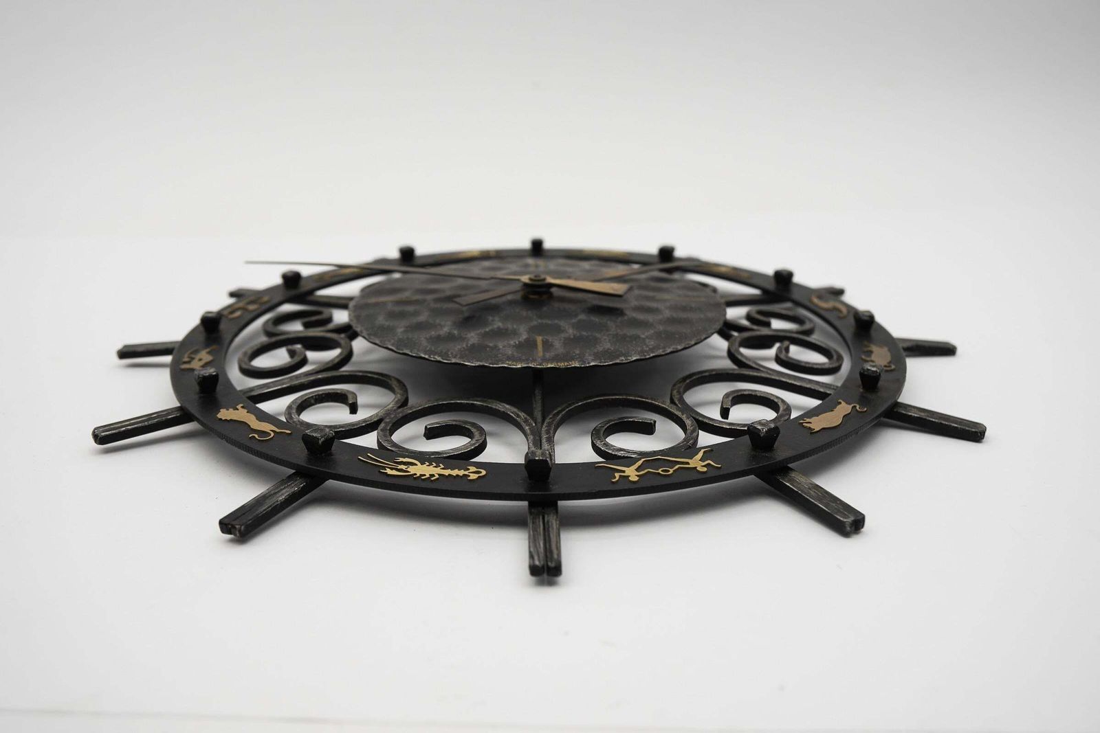 Mid Century Modern Iron And Brass Zodiac Wall Clock By Diehl Electric, 1960s photo for sale
