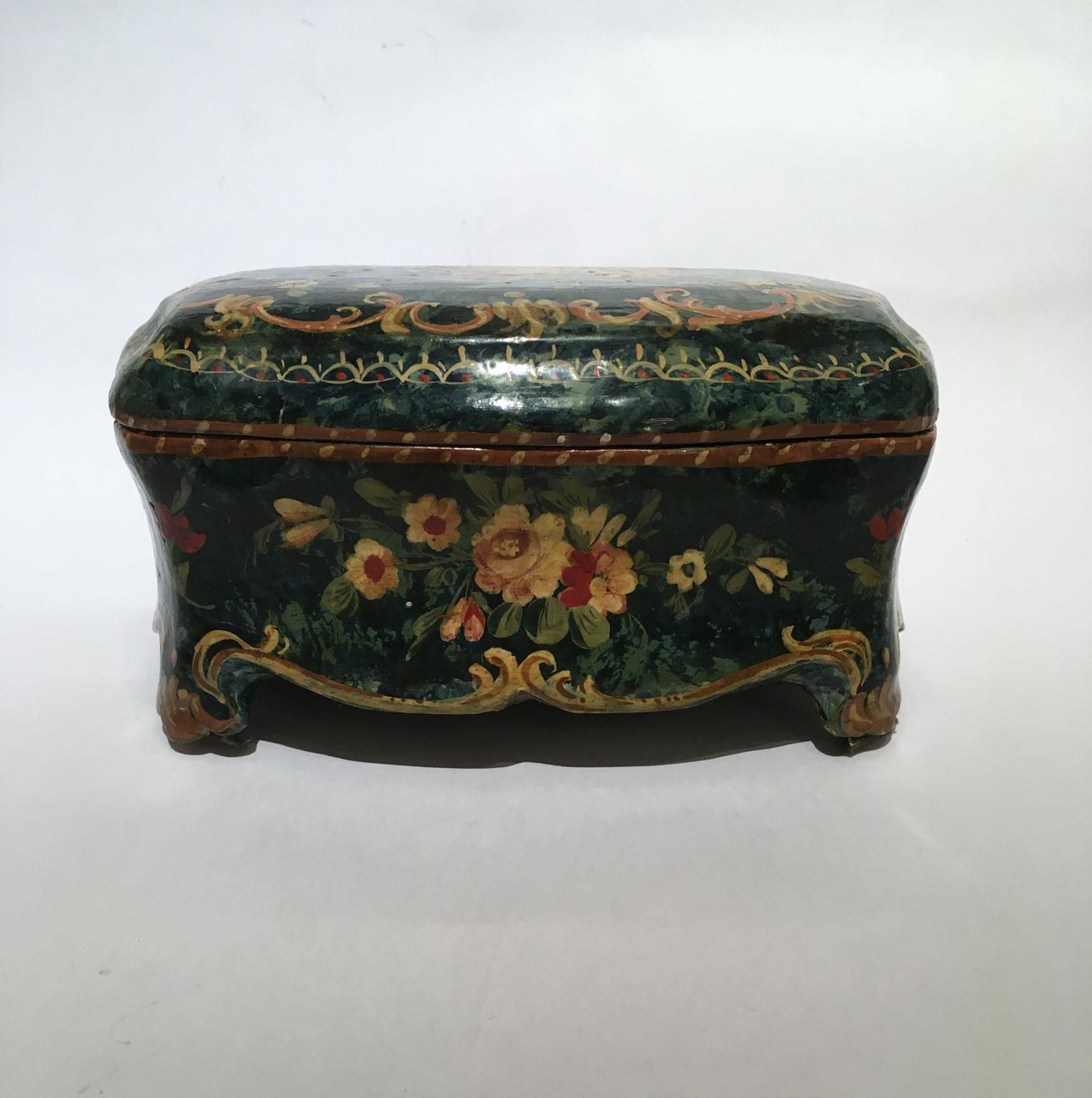1750 Venezia Italy Green Lacquered Wooden Box Jewelry Case And Floral Decoration photo buy
