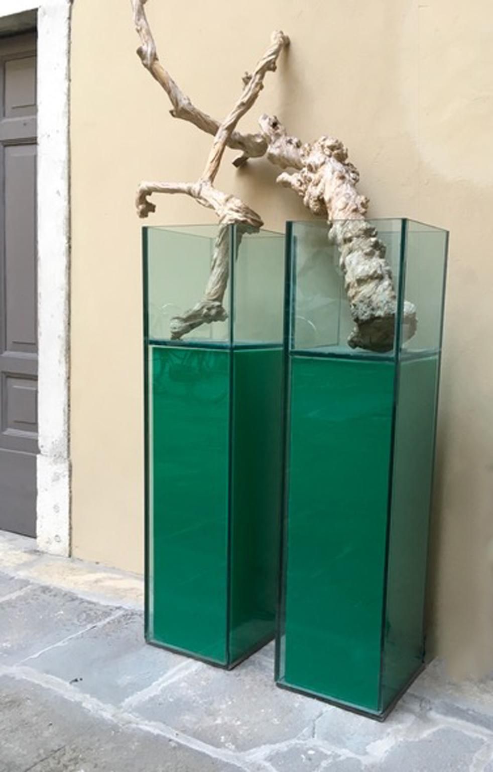5524.0 Italian Design Pair Of Green Lightened Clear Crystal Pedestal With Vases Inside photo