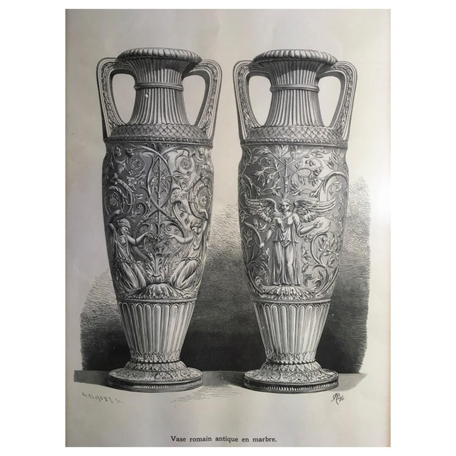1850 France Antique Roman Marble Urnes Neoclassical Black And White Print
